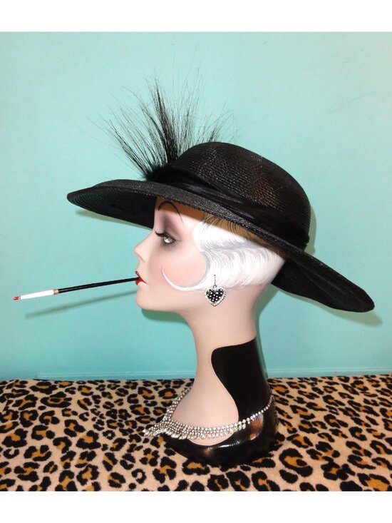 Vintage Black Church Hat w/ Feathers & Rhinestone Brooch Kentucky Derby goth main image 4